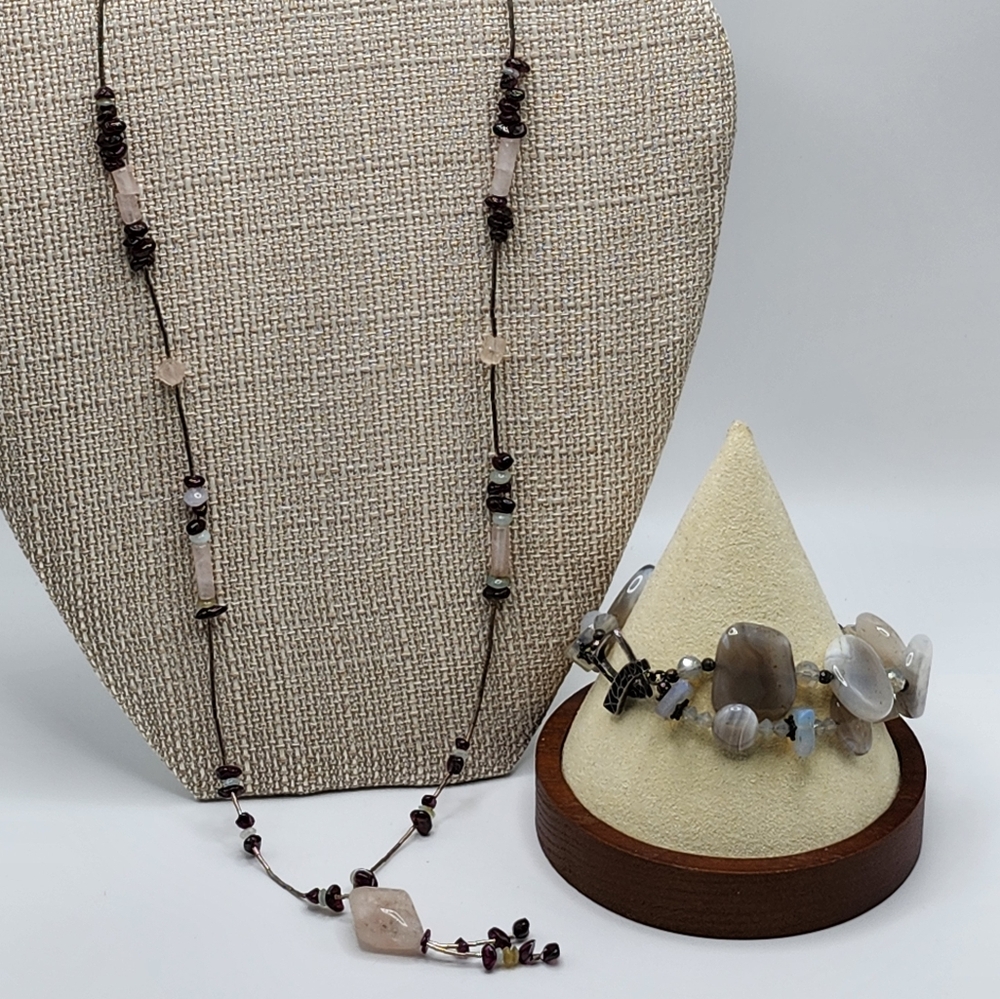 GORGEOUS  Botswana Agate, onyx, rose quartz toggle bracelet & necklace!